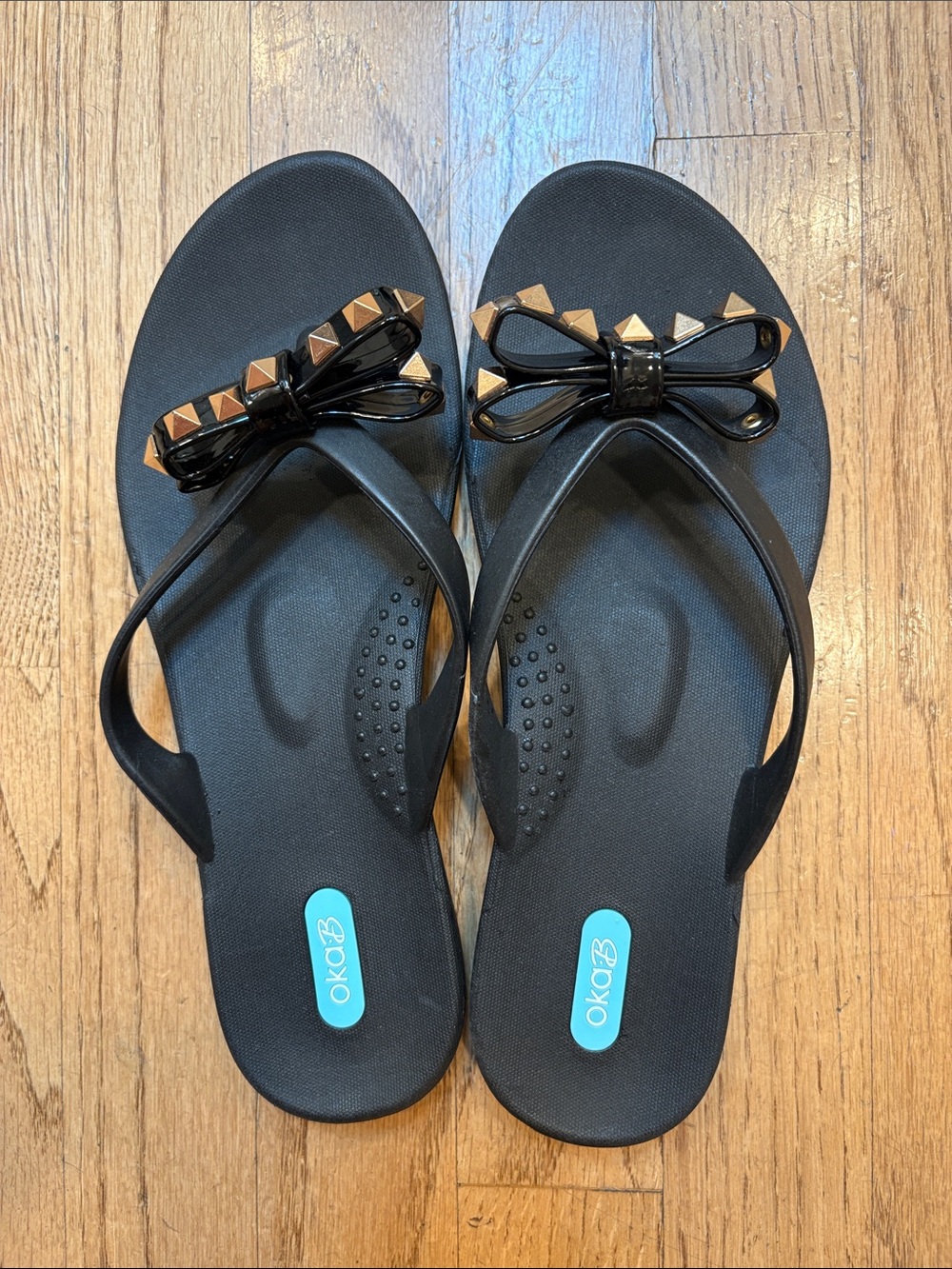 OKA b. Black Bow Sandals with Gold Stud Accents
